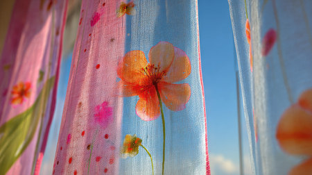 A colorful composition features a translucent curtain adorned with flower patterns. The artwork shows vibrant pinks and oranges, with the sky peeking through. The lighting suggests a sunny day, creating a soft, dreamlike atmosphere. This image could be used for editorial or commercial projects.の素材