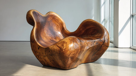 This image showcases a hand-carved wooden chair with a smooth, organic form. The chair exhibits a rich, natural wood grain and a warm brown hue, suggesting a handmade style. The composition features clean lines and daylight, suggesting a modern setting. Potential applications may include design projects or editorial content.の素材