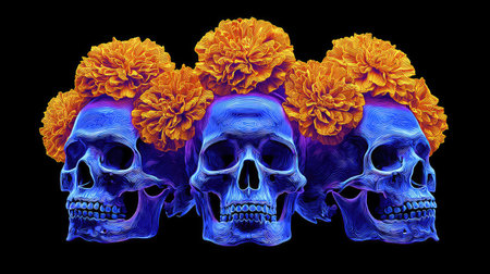 Three blue skulls with orange marigold flower crowns are set against a stark black backdrop. The composition emphasizes the skulls' intricate details and contrasting colors. This digitally rendered image uses dramatic lighting, possibly for symbolic purposes, and could be suitable for artistic projects, design elements or editorial use.の素材