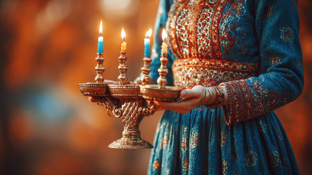A woman is seen holding a decorative candlestick bearing multiple lit candles. She is wearing an ornate teal dress with gold embroidery. The composition features a shallow depth of field with warm, blurred tones in the background, suggesting an outdoor setting. Suitable for visual storytelling, conceptual themes, and diverse commercial applications.の素材