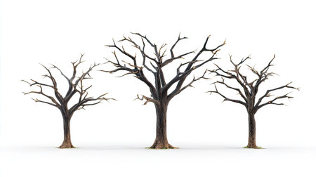 Three trees are isolated on a white backdrop, each showcasing a network of bare branches. The image displays a simple composition with a focus on the tree forms. The muted color palette and plain background suggest potential uses in various design projects, emphasizing a sense of nature and environment.の素材