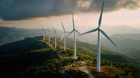 A row of wind turbines stands atop a green ridge, capturing wind energy. The composition reveals a landscape under a cloudy sky, showcasing sustainable power generation. The visual style presents natural colors, possibly usable for environmental or technological illustrations.の素材