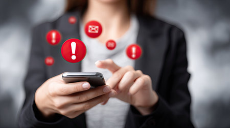 A person in a business attire operates a smartphone, surrounded by floating notification symbols. The image showcases red alerts, possibly indicating urgent messages. The scene suggests an office environment with neutral lighting. This visual is suitable for illustrating business, technology, or communication-related topics.の素材
