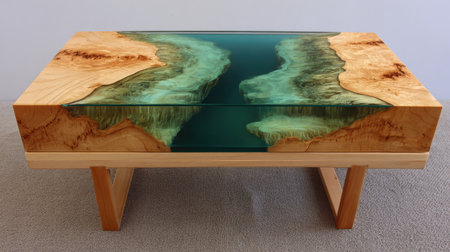 This coffee table features a unique design with a wooden structure and a river-like epoxy resin top. The colors include natural wood tones and translucent turquoise. The composition showcases a top-down perspective and demonstrates craftsmanship. It could be used for home decor, interior design, or product presentations.の素材
