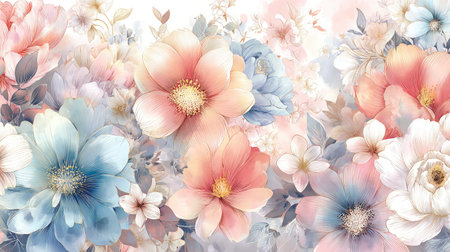 An array of watercolor flowers in pastel hues dominates the view. The composition presents soft petals in shades of pink, blue, and white. The artwork employs a delicate, artistic style with blurred textures and diffused lighting, possibly suitable for decorative prints or design elements.の素材