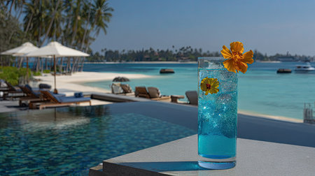 A refreshing blue cocktail, adorned with vibrant orange and yellow flower garnish, is set near a swimming pool, overlooking a bright ocean view. The composition features a sunny day with clear skies, inviting relaxation. Ideal for illustrating leisure, travel, and the concept of refreshment, suitable for various editorial and commercial applications.の素材