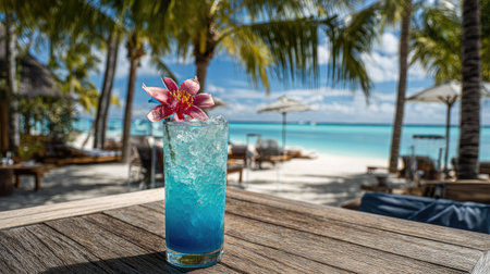 A refreshing cocktail sits atop a weathered wooden table, with a bright blue liquid. The beverage is garnished with a flower, reflecting a tropical environment. The composition features elements such as blurred background, palm trees, and sunlight, suitable for editorial or commercial projects.の素材