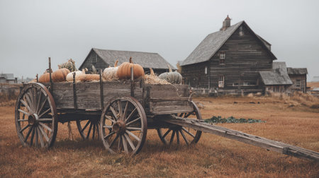 A rustic wooden cart laden with pumpkins sits in a field before aged wooden barns. The scene is bathed in a soft, overcast light, showcasing the textures of the weathered wood and pumpkins. This image could be used in projects related to agriculture, autumn themes, or rural life, for both commercial and editorial purposes.の素材