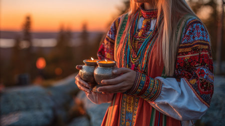 A woman dressed in cultural attire holds two glowing candles. The image features a composition that balances the foreground figure with a soft, out-of-focus background. Warm tones of orange and gold permeate the scene, suggesting a sunset or sunrise. Potential uses include cultural presentations or editorial content.の素材