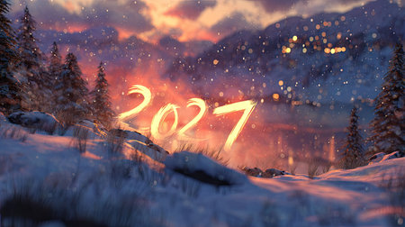 The image displays a snowy landscape with the glowing numbers "2027" prominently featured. The scene incorporates elements of nature, including evergreen trees, a mountain range, and a body of water, all under a colorful sunset sky. This composition could be used for a variety of purposes, spanning editorial and promotional content.の素材