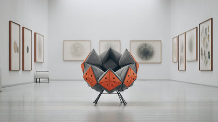 A striking, contemporary chair with a geometric design is positioned in a modern art gallery. The chair features a blend of gray and orange tones, set against a backdrop of framed artwork. The lighting is even, highlighting the textures and the style, indicating a focus on interior design. This image could be used in various contexts, including articles or commercial projects.の素材