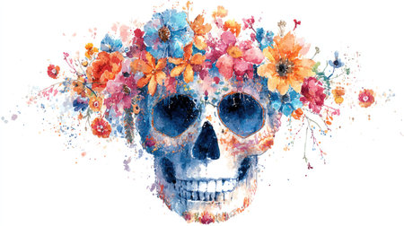 This watercolor illustration features a skull adorned with a vibrant floral crown. The artwork showcases a blend of colorful hues and textures. The composition is set against a white backdrop, suggesting a studio setting. It is suitable for various creative projects and editorial uses.の素材
