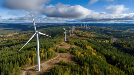 A collection of wind turbines stand tall atop a forested hill, blades turning in the breeze. The scene displays a mix of green and yellow foliage under a partially clouded, bright blue sky. The composition suggests renewable energy and sustainable practices, ideal for illustrative or informational purposes.の素材