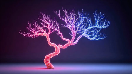An illustration showcases a glowing tree with branches against a dark backdrop. The artwork displays a blend of pink and blue neon lights. The image features digital art, highlighting the tree's shape. It is suitable for various commercial design projects, including website backgrounds and promotional materials.の素材