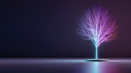 An illuminated tree shape dominates the scene, rendered with vibrant neon colors. The image shows a dark background with a glowing tree in the center. The visual style highlights digital art, possibly for tech-related content or artistic presentations. The composition offers copy space suitable for diverse editorial or commercial projects.の素材