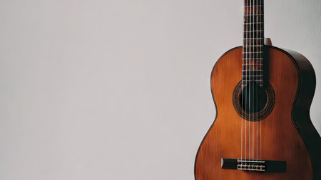 An acoustic guitar is presented against a neutral backdrop. The instrument exhibits warm, natural wood tones and intricate detail, indicating craftsmanship. Its structure is highlighted by the play of light and shadow, suggesting a studio environment. Suitable for projects needing imagery related to music or artistic expression.の素材