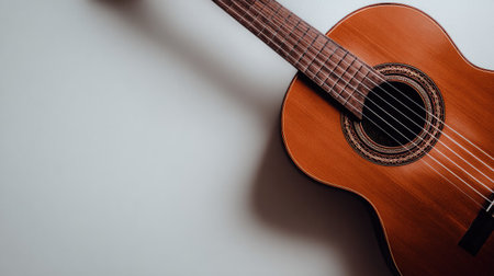 The image displays an acoustic guitar resting against a plain light wall. The instrument showcases its wooden texture and details. The composition provides copy space and focuses attention on the guitar. This image is suitable for various commercial projects and editorial purposes related to music and art.の素材
