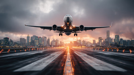 An airplane ascends from a runway, silhouetted against a skyline and a vibrant sunset. The image captures the aircraft's motion with streaks of light. The scene, bathed in warm hues, suggests an evening or twilight setting, ideal for travel and transportation themes, and visual storytelling.の素材
