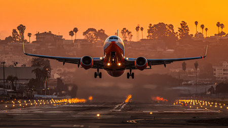 An airplane ascends into a vibrant sunset sky. The image showcases the aircraft against an orange and gold backdrop. The scene suggests a travel concept, featuring the plane on a runway. This image can be used for commercial purposes related to aviation, travel, and transportation.の素材