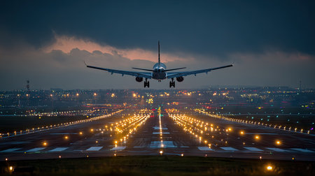 An airplane is depicted during its takeoff at dusk. The image showcases the plane against a night sky, highlighting its silhouette. The illuminated runway and city lights create a contrasting backdrop, enhancing the overall visual appeal suitable for various commercial or illustrative applications.の素材