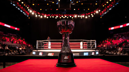 A close-up shows a trophy sitting on a red carpet stage. The trophy is dark in color with a detailed design. The background features a boxing ring and a blurred audience. The scene is lit by overhead lights, suggesting an indoor event. Suitable for event promotions and commercial advertising.の素材