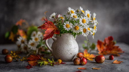 A small ceramic vase displays white daisies, red leaves, and autumn-colored foliage. The composition presents a soft, diffused light, creating a moody atmosphere. This still life arrangement could be used in editorial projects, visual design elements, or artistic projects to convey themes related to the fall season.の素材