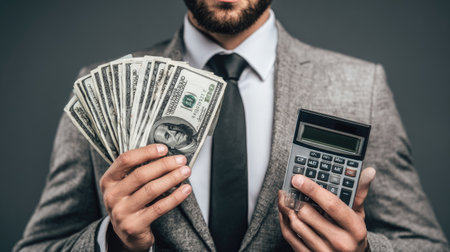 A person in formal wear is featured, holding a bundle of currency alongside a calculator. The image presents a studio-style composition, with a close-up shot. The backdrop is a muted grey. The shot suggests themes of finance, accounting, and the management of funds. Suitable for commercial projects related to money and business.の素材