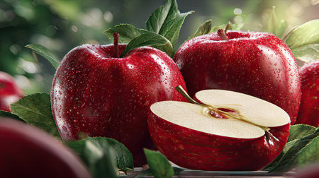 The image features a close-up view of several red apples, one cut in half. They have vibrant red skin, with visible water droplets. Green leaves surround the apples, contributing to the composition. The lighting creates highlights and shadows, suggesting a natural outdoor setting. This image is suitable for use in various commercial and editorial contexts.の素材
