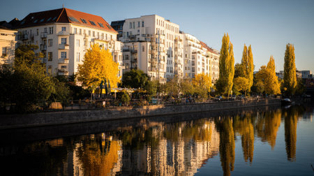 A photograph captures a waterside view of buildings, trees, and a body of water. The architecture appears to be residential, with a mix of windows and balconies. Golden-yellow trees and some evergreen trees line the water. The scene is illuminated with natural light, creating a sense of clarity, likely suitable for various editorial and commercial applications.の素材