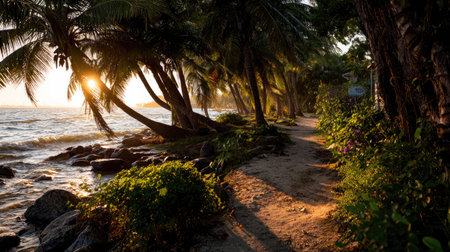 A scenic pathway follows the coastline under a canopy of palm trees. The image captures a warm, golden sunset illuminating the scene. Textures of sand, foliage and water create a rich composition, ideal for projects seeking natural beauty. This photograph could be suitable for travel or environmental themes.の素材