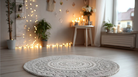 An inviting interior scene is highlighted by string lights, a round rug, and soft ambient lighting. The room incorporates decorative plants, and furniture, set near a window. The image's warm tones and blurred background make it suitable for a range of projects. Possible uses include interior design, lifestyle blogs, or home decor.の素材