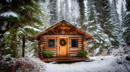 A charming wooden cabin stands amidst a snowy forest. The warm-toned building is contrasted by the surrounding snow and evergreen trees. The image features natural lighting, with a festive wreath on the door suggesting a holiday setting. This scene could be used for editorial content or commercial purposes.の素材