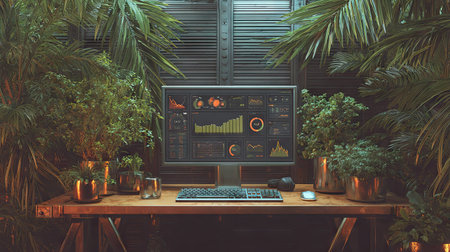 A desktop computer screen displays a complex data interface amidst a natural environment. The scene includes a wooden desk, plants in bronze pots, and overhead lighting. The color palette features greens and browns. This image could be used for articles about technology or interior design.の素材