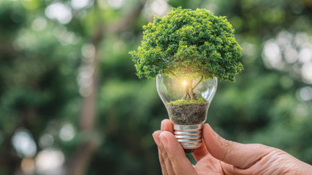 A hand delicately holds a lightbulb encompassing a vibrant green plant, set against a soft-focus natural backdrop. The image showcases bright illumination within the bulb, emphasizing the interconnectedness of nature and technological concepts. Suitable for use in educational materials or promotional campaigns related to environmentalism and energy.の素材
