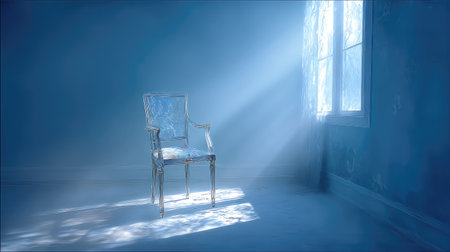 A minimalist interior showcases a lone chair bathed in dramatic sunlight filtering through a window. The room exhibits a monochromatic blue color palette, with a soft, ethereal ambiance. The composition features strong directional lighting, suggesting potential for conceptual or artistic themes, suitable for various visual projects.の素材