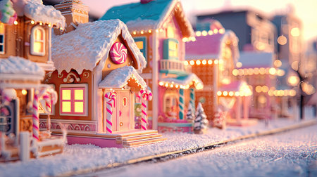 A detailed, whimsical village scene features multiple gingerbread houses adorned with candy canes, gumdrops, and powdered sugar. The structures are bathed in warm, inviting light, enhanced by string lights and a soft, blurred background. Ideal for holiday-themed projects and promotional materials, the image evokes a sense of joy and celebration.の素材