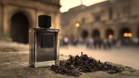A sophisticated perfume bottle stands prominently, showcasing a sleek design. A pile of small, dark organic materials complements the bottle. The blurred background suggests an outdoor setting, possibly a historic square. The image's composition could be used for advertising or editorial content.の素材