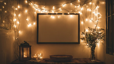 An empty picture frame is the central element, surrounded by warm fairy lights. The scene includes a vase with dried flowers, candles, and a decorative lantern. The lighting creates a cozy atmosphere, suitable for interior design, lifestyle, and promotional materials.の素材