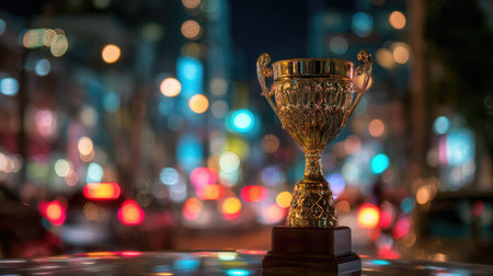 A golden trophy cup sits on a table, illuminated against a backdrop of blurred city lights. The composition employs a shallow depth of field, isolating the cup. Warm gold tones contrast with cool blues and greens, creating a sense of celebration. The image could be used for concepts of achievement or success.の素材