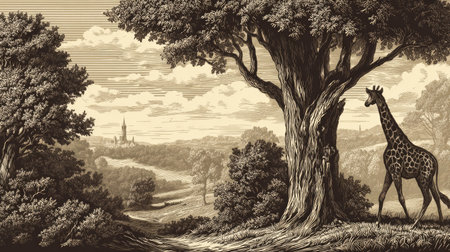 A giraffe stands beneath a large tree, part of a landscape rendered in a vintage illustrative style. The scene features a sepia-toned color palette, with detailed textures emphasizing the trees, rolling hills, and distant architecture. This image is suitable for editorial projects, historical themes, and decorative purposes.の素材