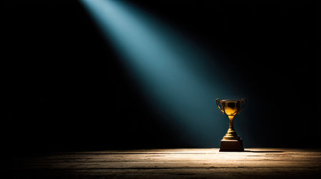 A golden trophy stands on a wooden surface illuminated by a focused spotlight against a dark backdrop. The image features strong contrast with a directional light casting shadows. It suggests recognition, achievement, and success, suitable for various editorial and commercial applications.の素材