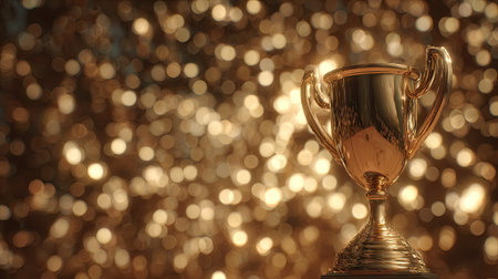 A shiny golden trophy cup stands against a blurred bokeh background. The image displays a warm color palette dominated by gold and brown. The soft lighting creates a celebratory atmosphere. This visual could be utilized for projects related to awards, success, and recognition.の素材
