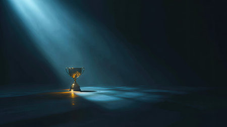 A golden trophy stands centered in a dark environment, dramatically lit by a diagonal beam of light. The image showcases a classical goblet design with subtle details. The color palette features deep blues and golds, adding to the scene's solemn mood, suitable for editorial and commercial applications.の素材