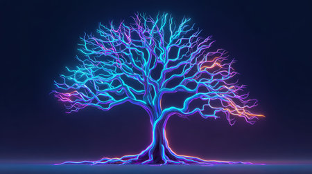 A digital illustration showcases a stylized tree radiating with vibrant neon colors. The artwork features a dark backdrop enhancing the luminosity of the tree's branches and roots. It displays a smooth, vector-like style. This image could be utilized in a variety of projects, ranging from website design to creative advertising campaigns.の素材