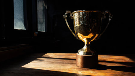 A golden trophy cup sits on a wooden table, illuminated by dramatic light. The image showcases the cup's intricate details against a dark background. It highlights the texture of the wood and the reflective surface of the cup, creating a sense of prestige. Suitable for illustrating success, achievement, or award ceremonies.の素材