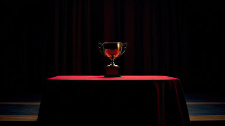 A golden trophy cup sits on a red table against a backdrop of dark curtains. The lighting highlights the cup's details, creating a dramatic atmosphere. The image evokes a sense of achievement and reward, suitable for various commercial or editorial applications. The composition focuses on the central object.の素材