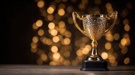 A gold trophy cup sits on a wooden surface against a blurred background of golden bokeh lights. The warm lighting and shallow depth of field highlight the trophy's details. This image could be used for various purposes, including celebrating achievements or representing awards and recognition.の素材