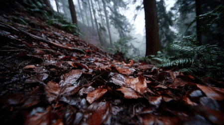 A ground-level view reveals a forest floor blanketed with fallen leaves. The leaves display shades of brown and orange, contrasting with green foliage and dark tree trunks. Foggy atmosphere surrounds the trees, suggesting a damp environment. This image could be used for various nature-related commercial and editorial projects.の素材