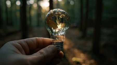 A hand holds a lightbulb with an illuminated globe inside. The image displays a forest backdrop, suggesting an outdoor environment. The style features soft lighting and a shallow depth of field, highlighting the globe. This conceptual image could be used in projects related to sustainability or environmental awareness.の素材