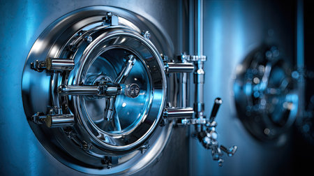 A close-up view of a metallic industrial door presents a circular design. The image showcases polished silver surfaces with touches of blue. The composition focuses on the intricate mechanical details of the door. Suitable for illustrating industrial processes, manufacturing, or engineering concepts, the image could be used in various commercial projects.の素材